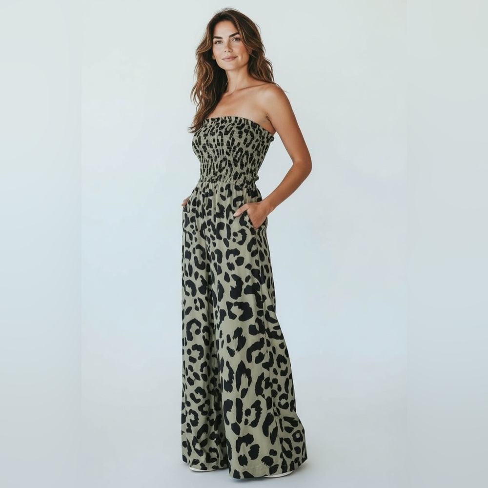 SHEIN Olive Green and Black Strapless Leopard Print Jumpsuit